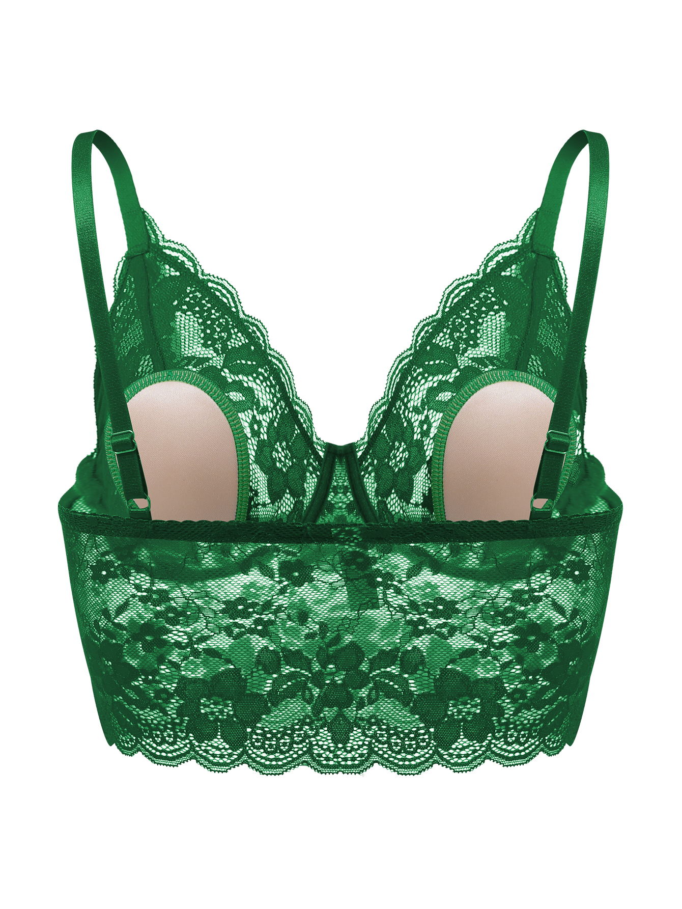 Elegant green floral lace bodycon bra with scallop trim and adjustable straps for comfort and style