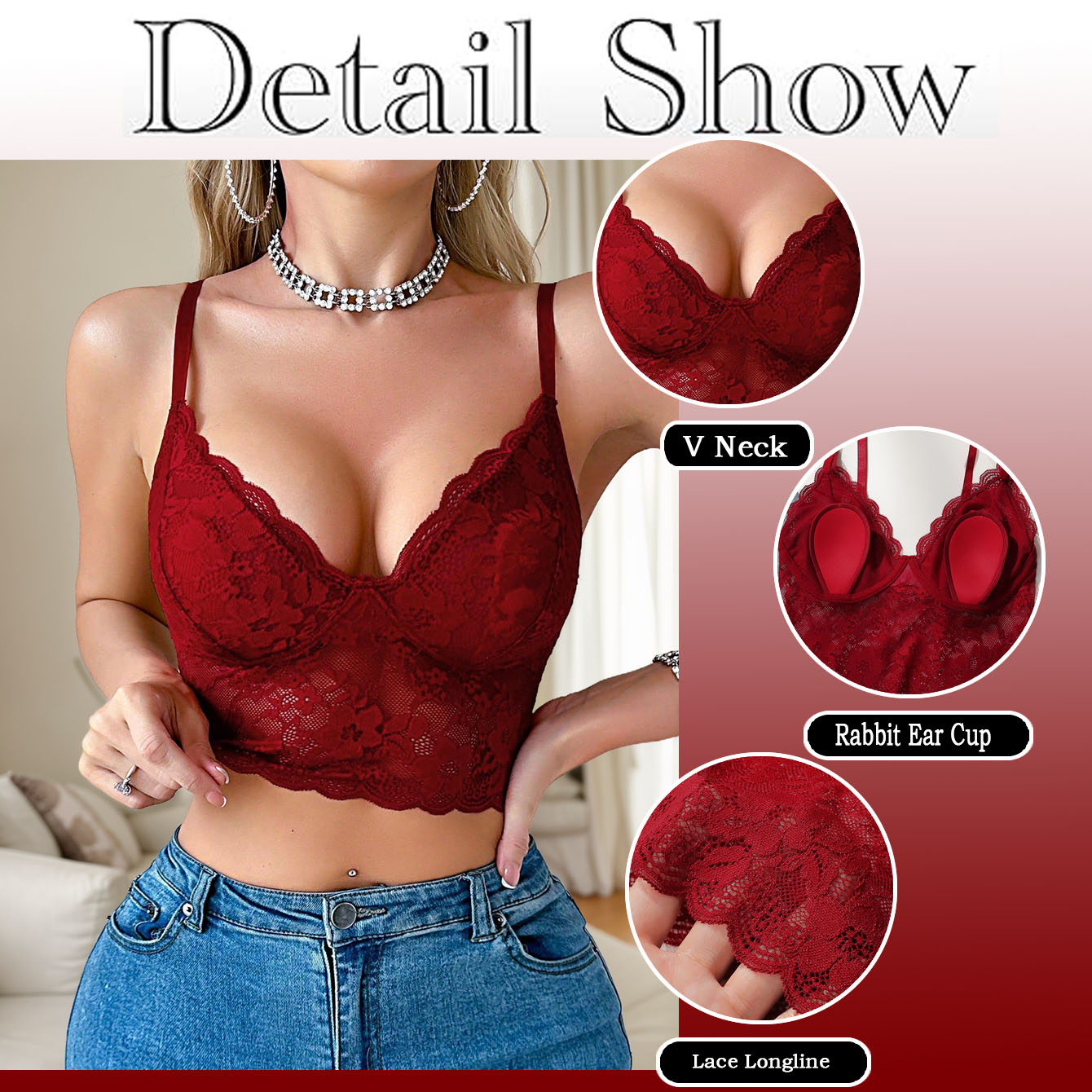Elegant red floral lace bodycon bra with V-neck, scalloped edges, and rabbit ear cups for stylish comfort