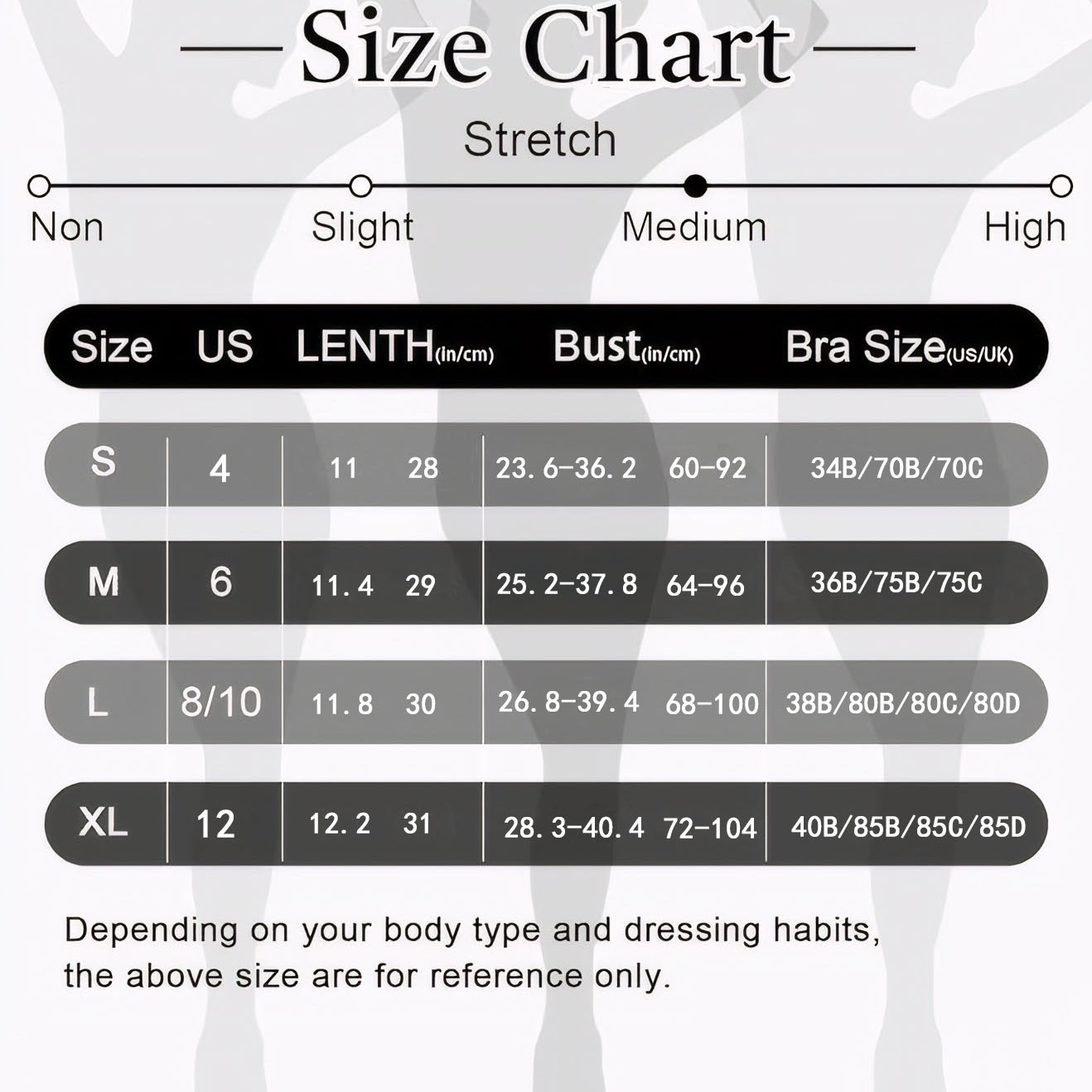 Size chart for Elegant Floral Lace Bodycon Bra showing measurements for small, medium, large, and extra large including bust and bra size details