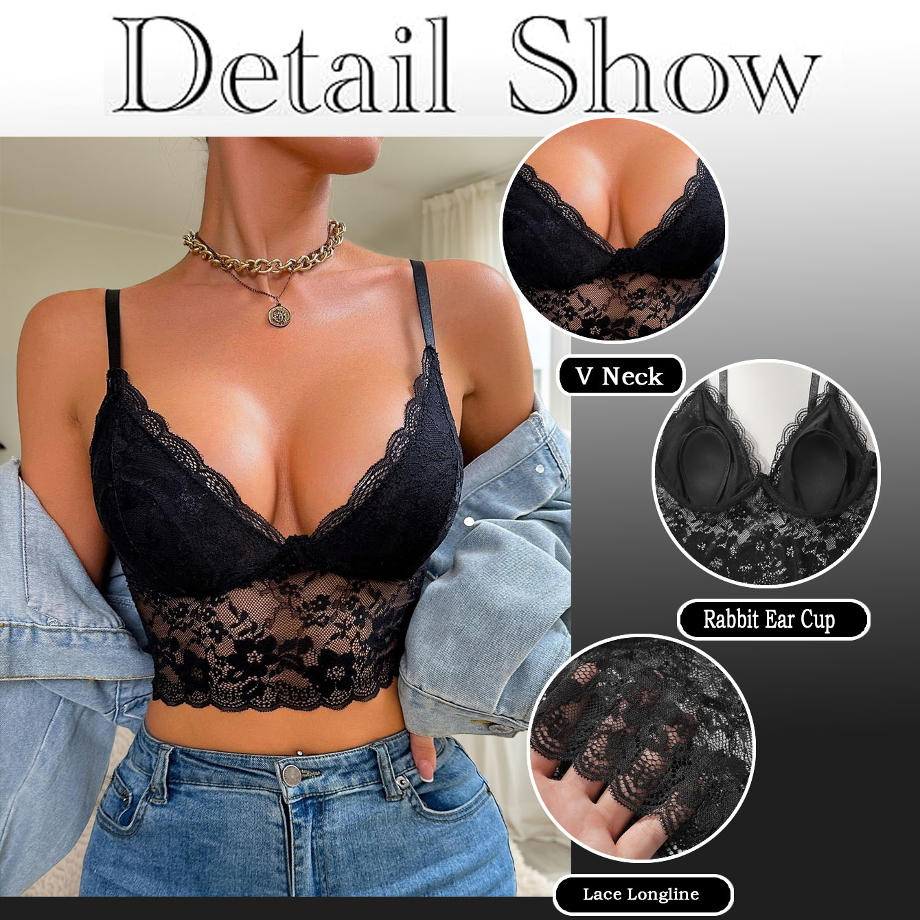 Black elegant floral lace bodycon bra with V neck, rabbit ear cups, and longline lace detail worn with denim jeans and jacket.