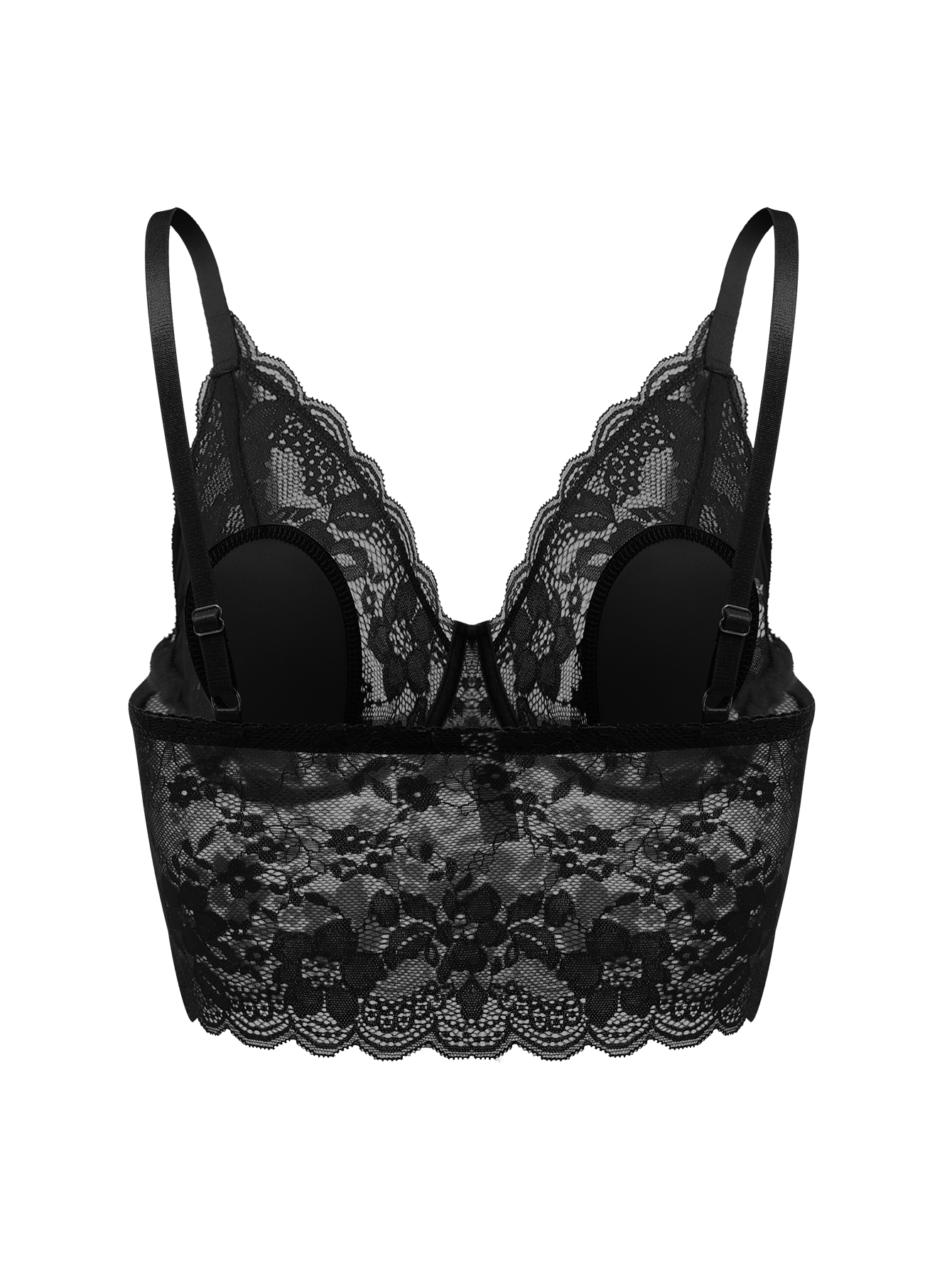 Black elegant floral lace bodycon bra with scalloped edges and adjustable straps for comfort and style