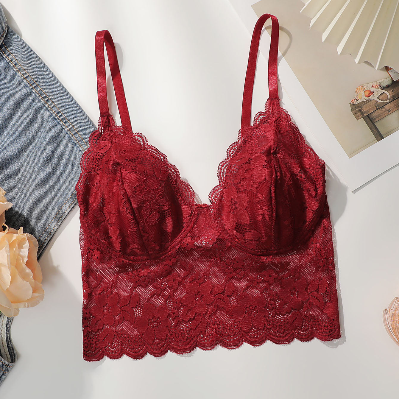 Red elegant floral lace bodycon bra with scalloped trim and adjustable straps displayed on white background.