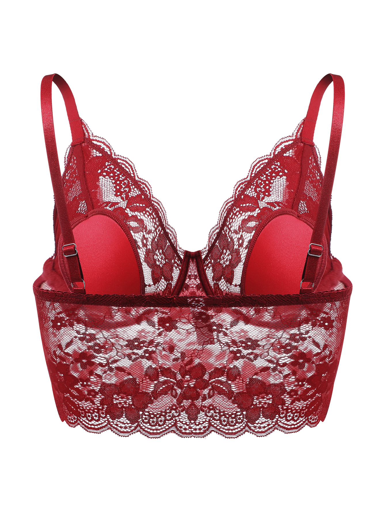 Red elegant floral lace bodycon bra with scalloped edges and adjustable straps, designed for comfort and style.