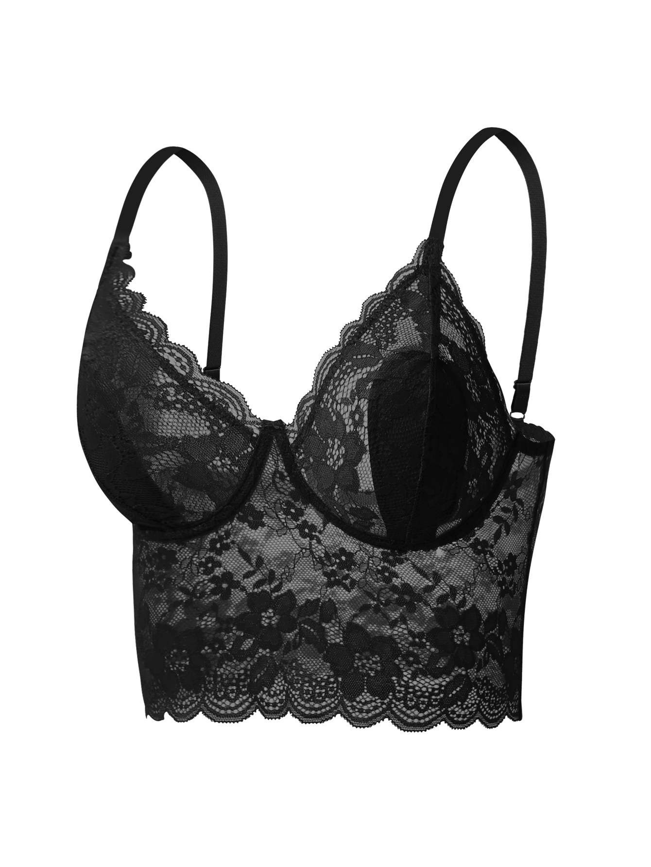 Black elegant floral lace bodycon bra with scalloped edges and adjustable straps