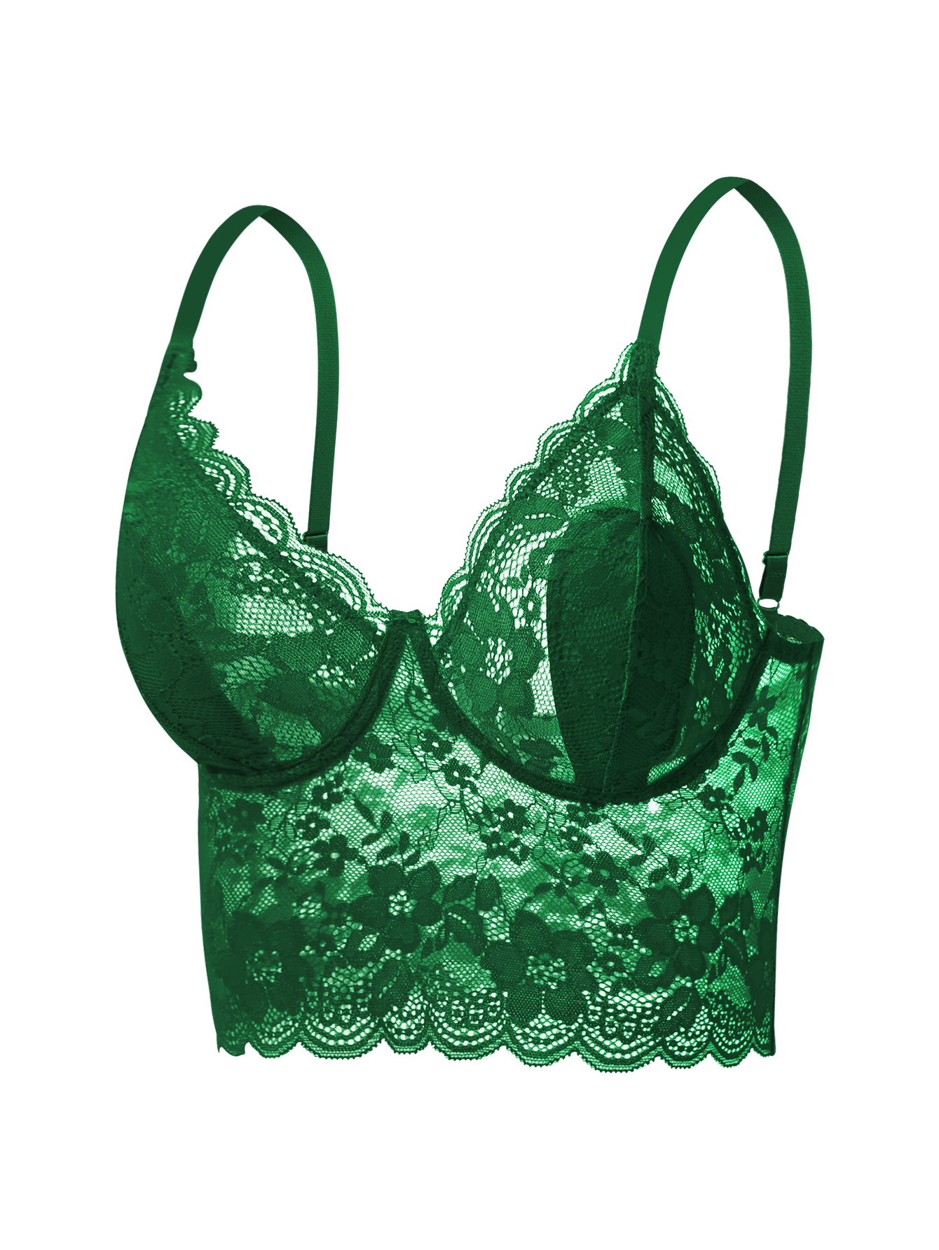 Elegant floral lace green bodycon bra with scalloped edges and adjustable straps