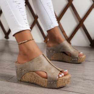 Plus Size Women's wedge peep toe platform sandals in milky white with cork sole and stud detailing