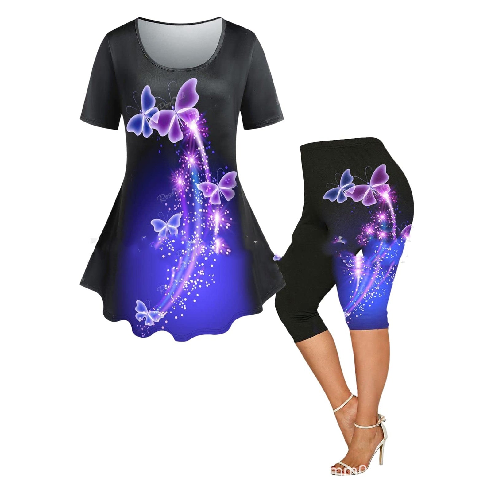 Women's two-piece set with short sleeves and cropped pants featuring purple butterfly print on black and blue background
