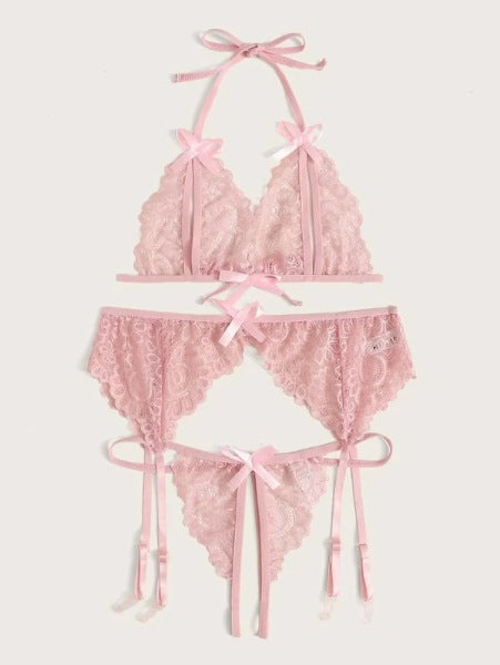Pink lace butterfly bra panty garter belt three-piece lingerie set for women