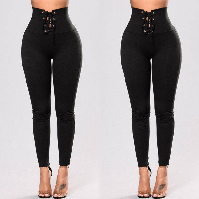 Black high-waisted Rivet Waist Tie Yoga Pants with adjustable lace-up front and slim fit design for women.