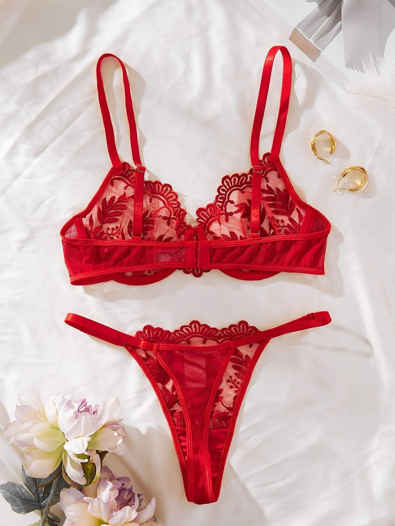 Red embroidered mesh lace push-up lingerie set for women with bra and thong.