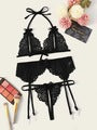 Black lace butterfly bra panty garter belt three-piece lingerie set for women