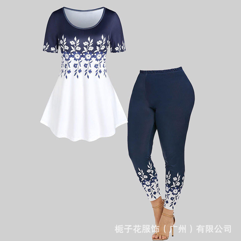 Women's two-piece set with short-sleeved floral printed top and cropped pants in navy and white polyester fabric