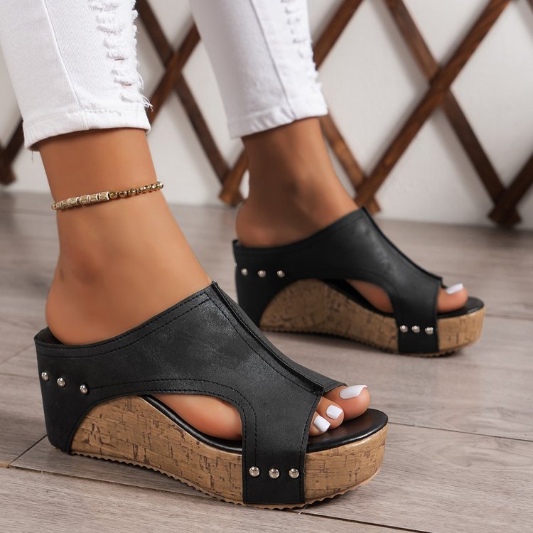Plus size women's black wedge peep toe platform sandals with stud details and cork sole