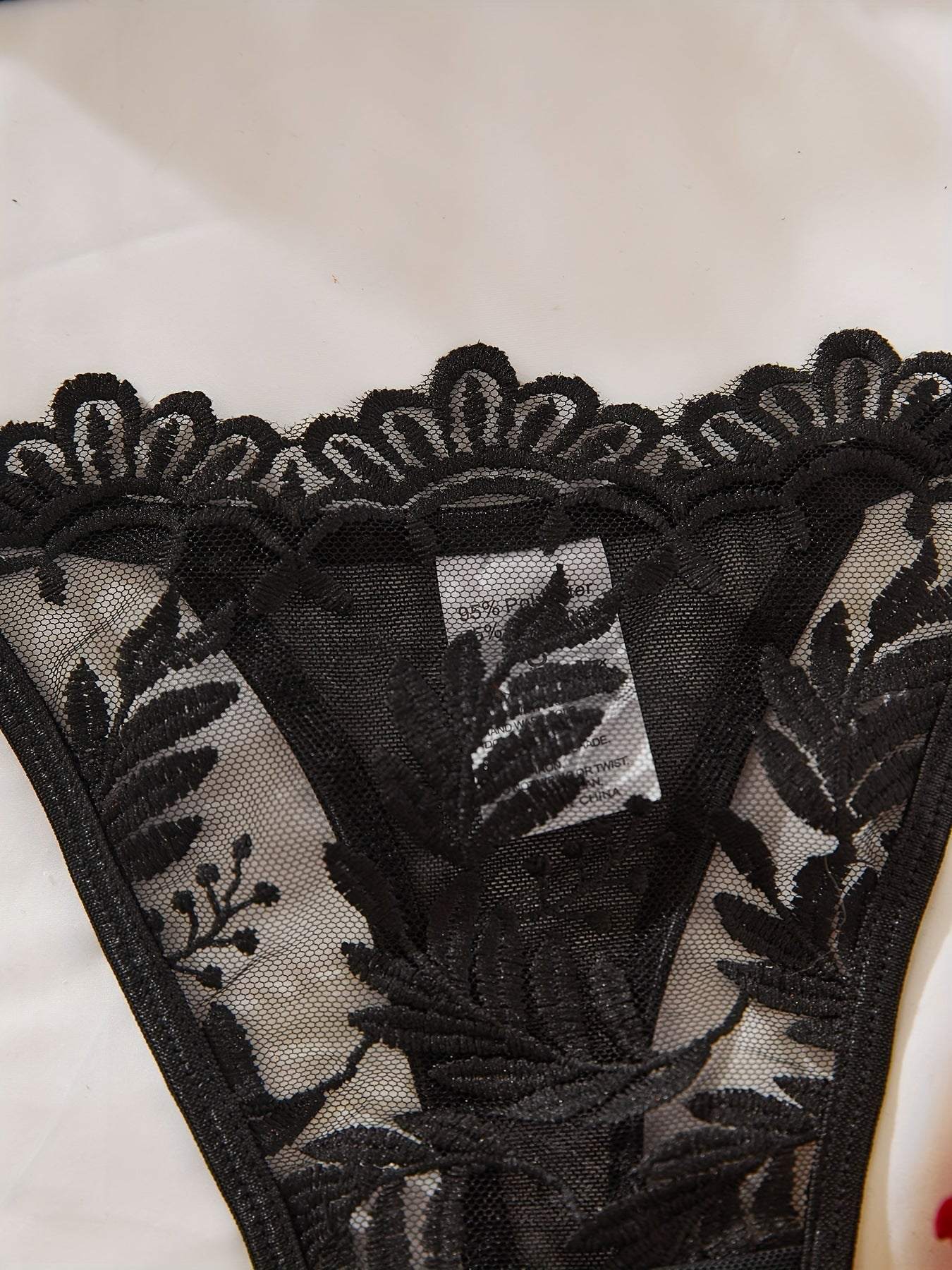 Black embroidered mesh lace women's sexy lingerie panties with floral design
