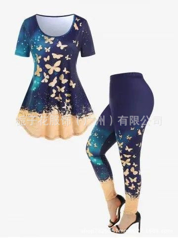 Women's two-piece set with butterfly print short-sleeved top and cropped pants in blue and beige tones
