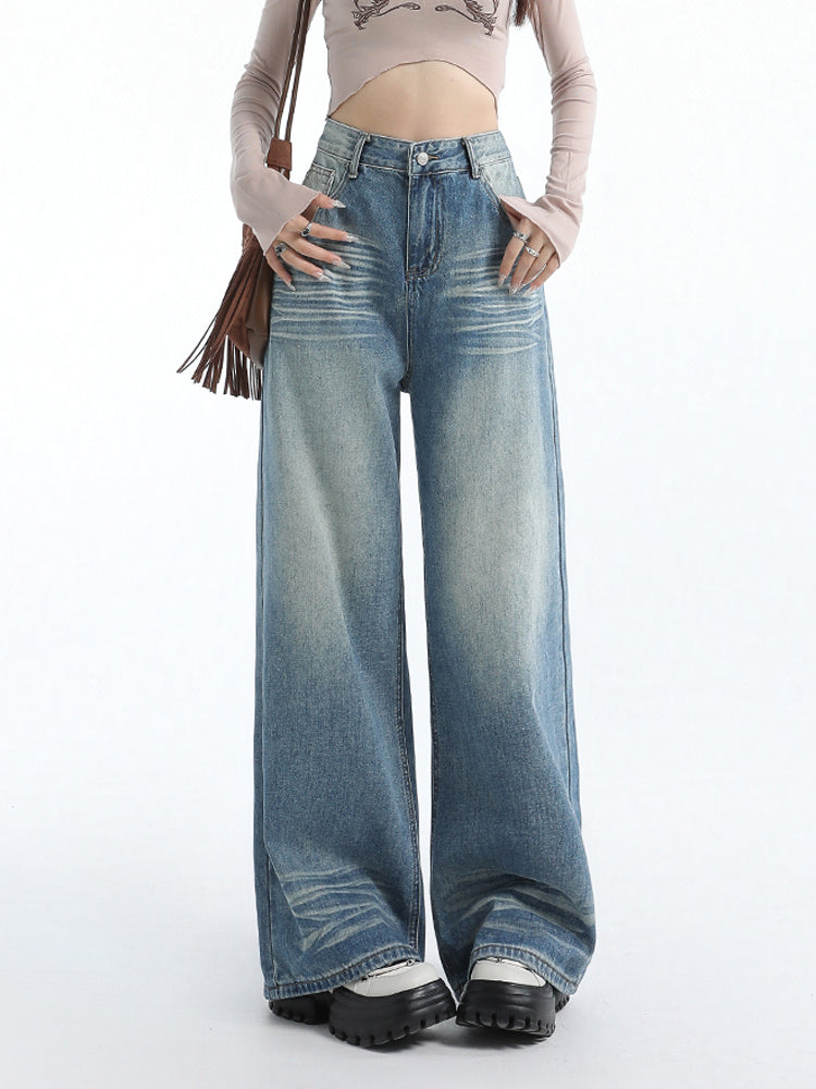 Vintage washed blue wide-leg straight jeans for women with a relaxed fit and high waist