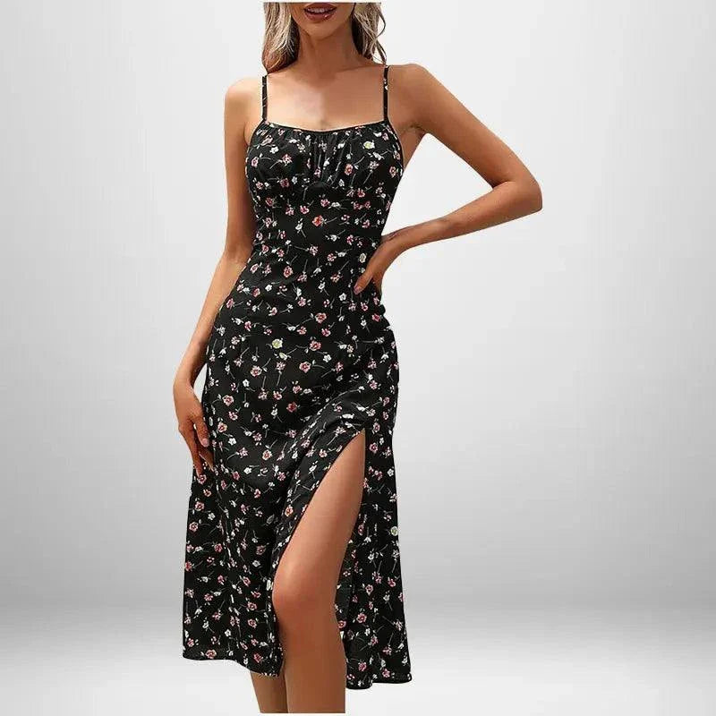 Summer INS Women's black floral lace dress with split strap and thigh slit