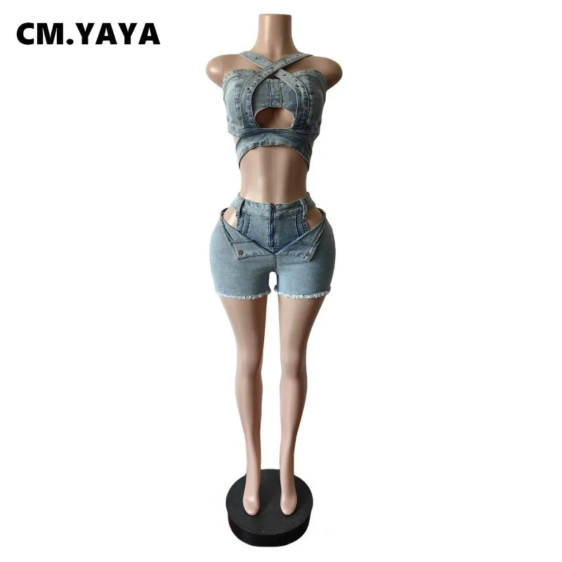 Chic denim crop top with wrap straps and matching high-waisted cutout shorts set