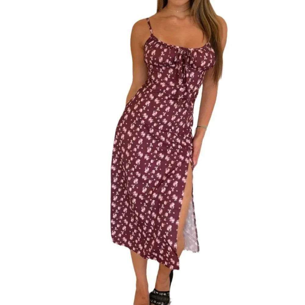 Summer INS Women's sexy printed lace midi dress with split strap and side slit
