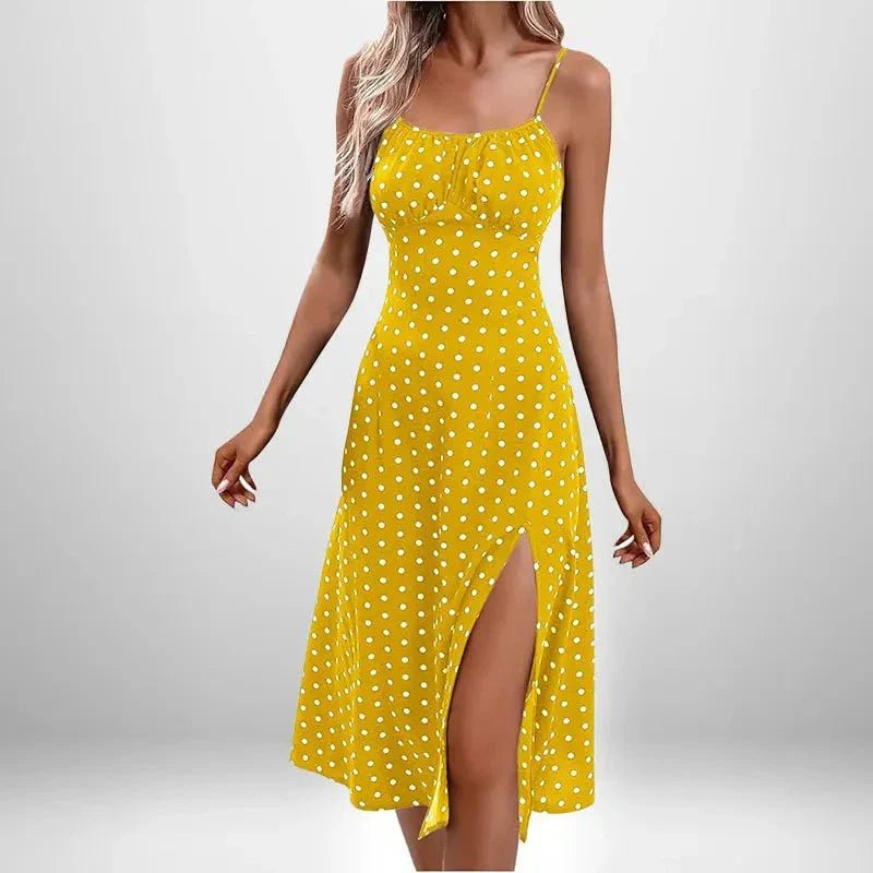 Summer INS Women's yellow polka dot summer dress with spaghetti straps and thigh-high slit