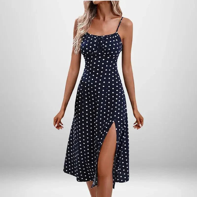 Summer INS Women's navy blue polka dot sleeveless dress with side slit and adjustable spaghetti straps