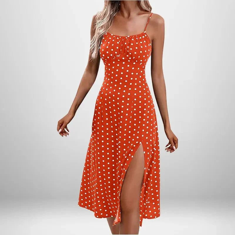 Summer INS Women's sleeveless orange polka dot dress with front slit and adjustable straps