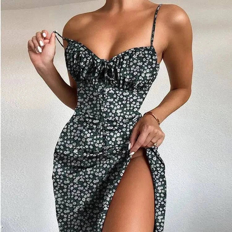Summer INS Women's sexy floral lace dress with split strap design and thigh slit for summer outings