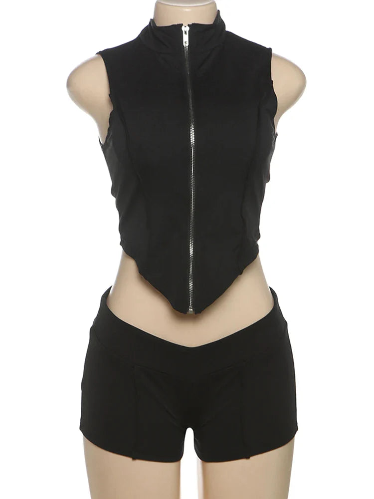 black sleeveless zip-up crop top and matching shorts 2-piece sporty chic patchwork set on mannequin