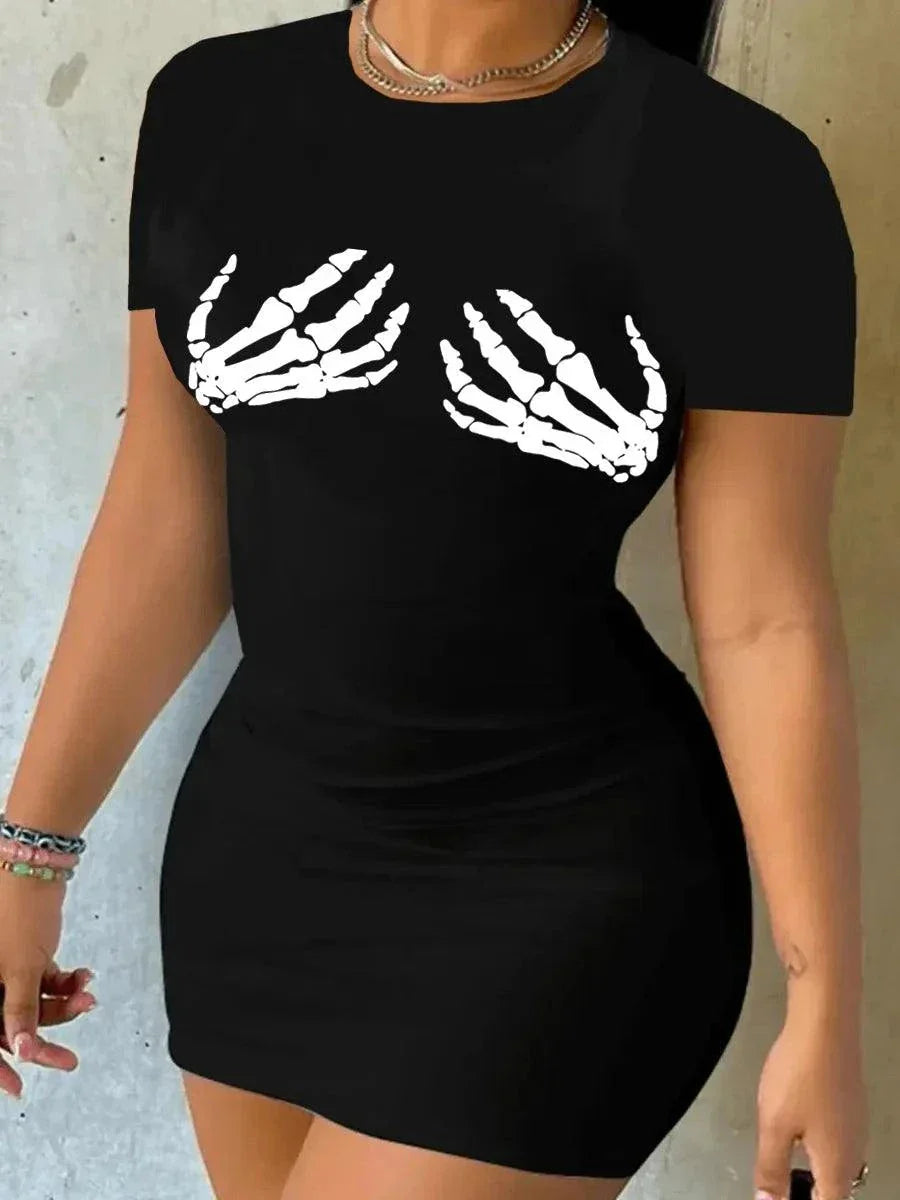 Plus size black summer dress with white skeleton hand print and short sleeves