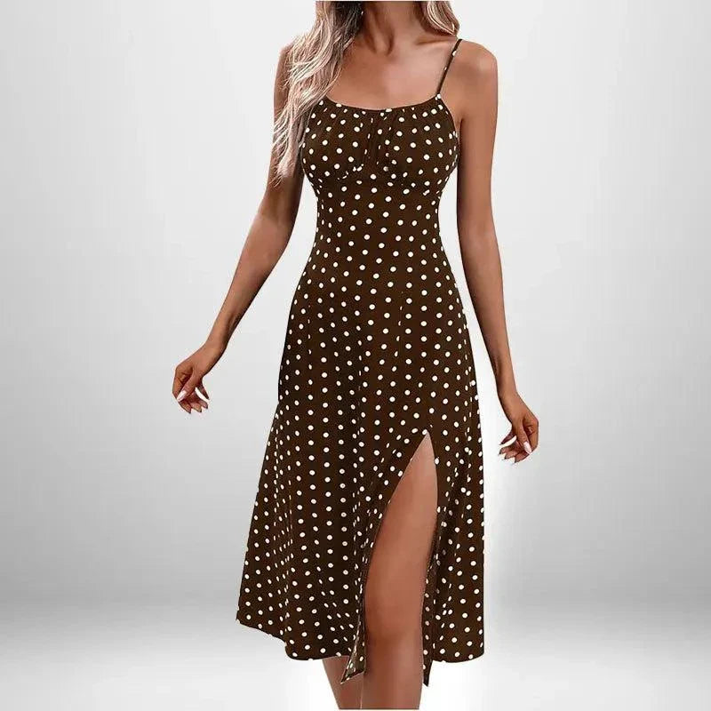 Summer INS Women's brown polka dot lace dress with split strap and thigh-high slit, lightweight and elegant summer apparel