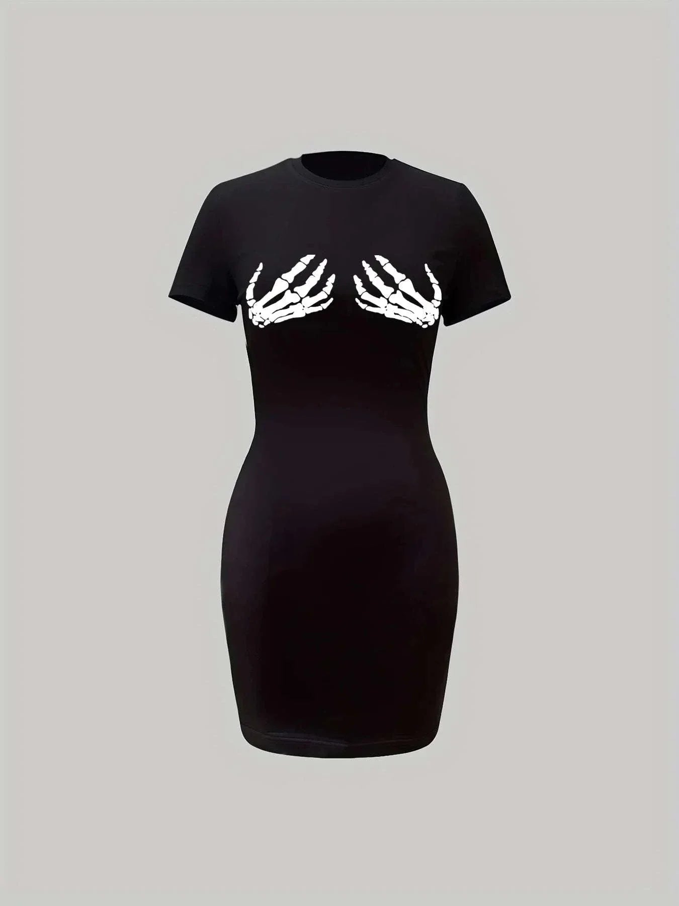 Plus size black slim fit t-shirt dress with white skull hand print on chest