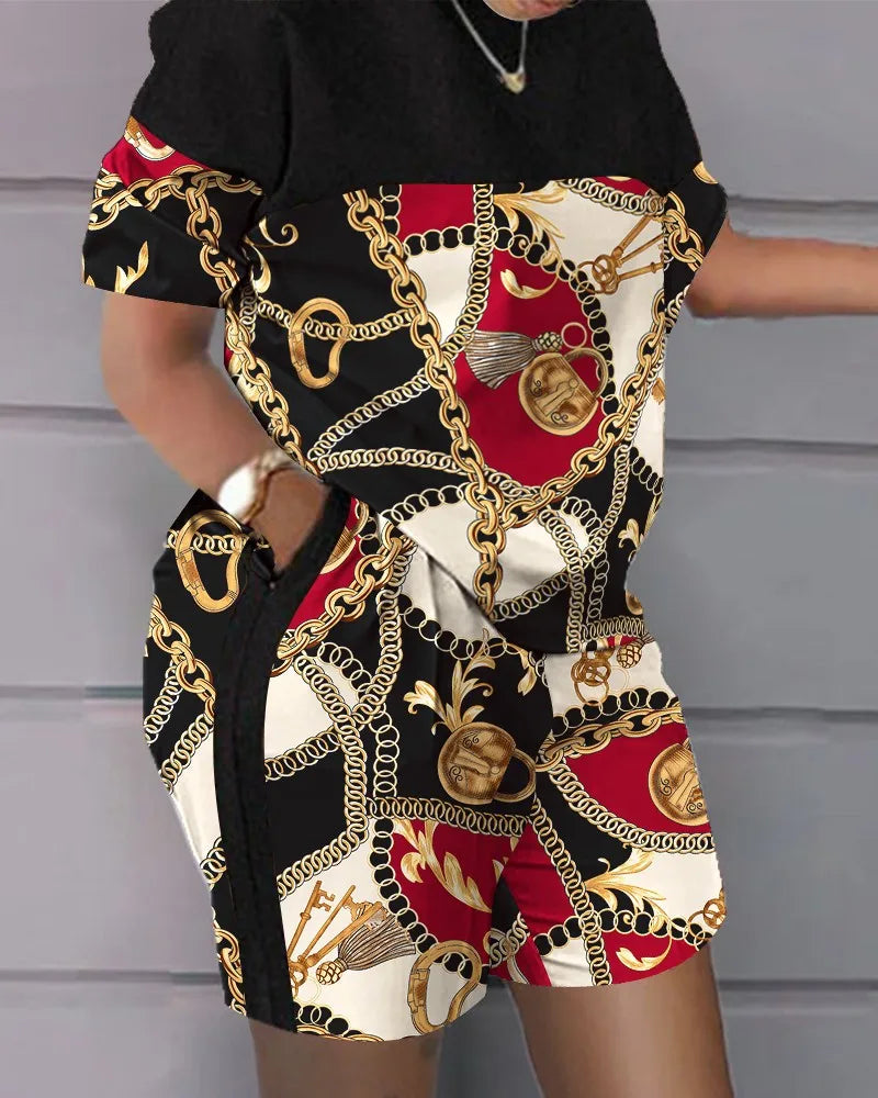 Stylish summer casual 2-piece outfit for women with black, red, and gold chain print top and matching shorts with pockets.