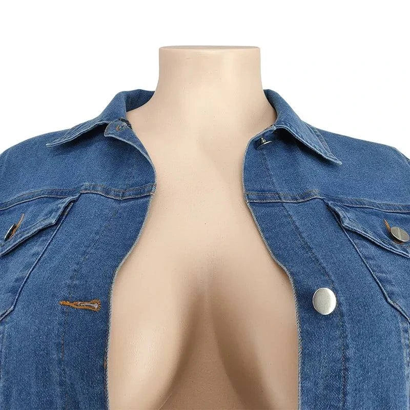 Close-up of chic plus size denim jacket with button details on beige mannequin torso