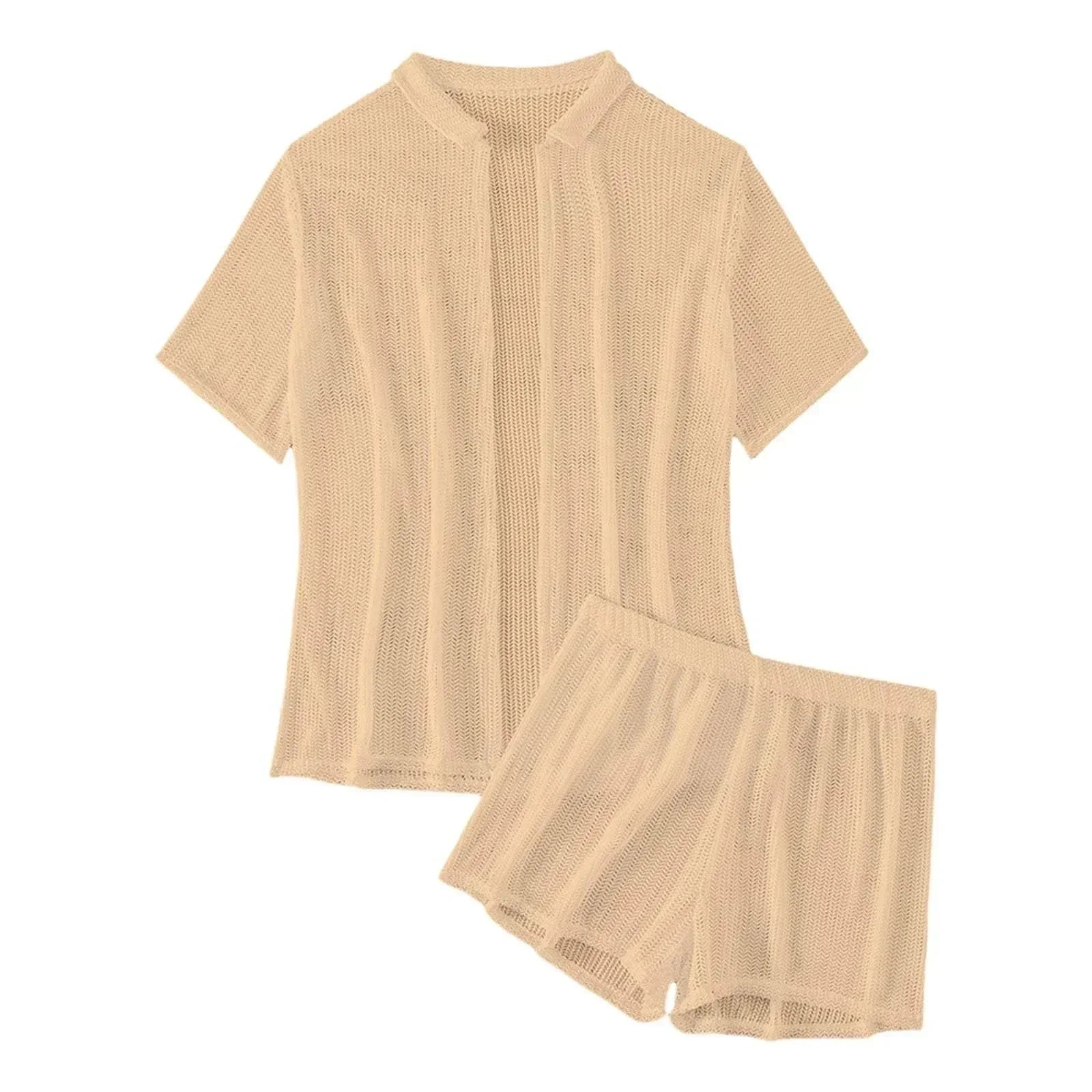 Beige women's kimono cover up and matching shorts summer set made of lightweight mesh fabric