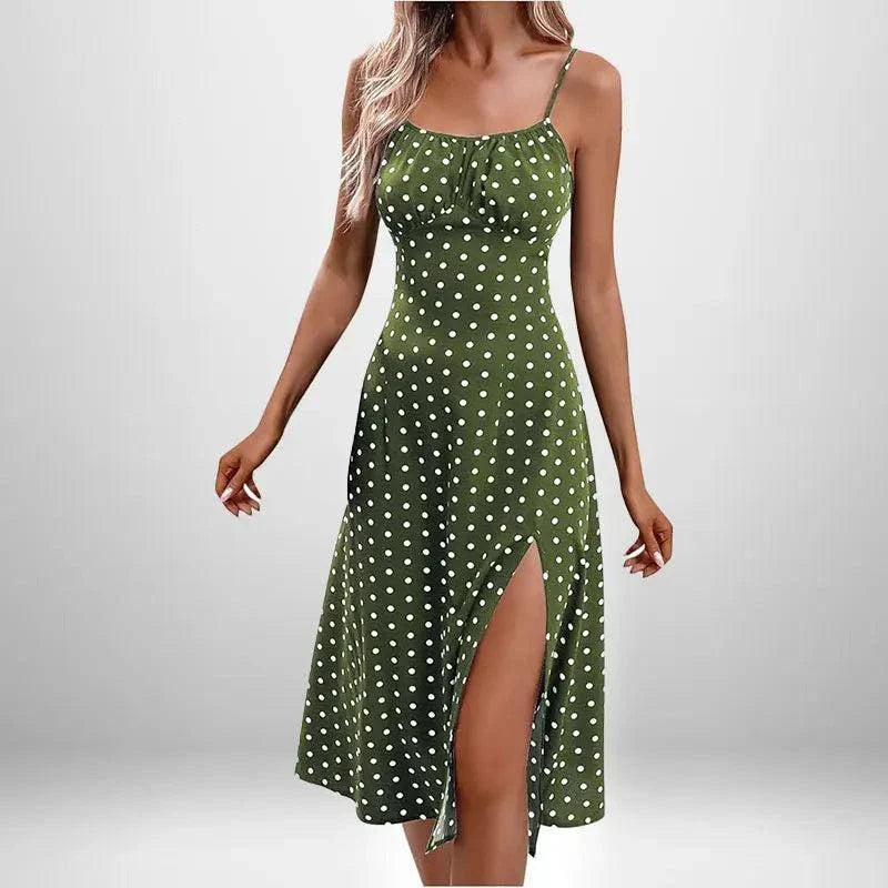 Sleeveless green polka dot summer dress with side slit and adjustable straps for women
