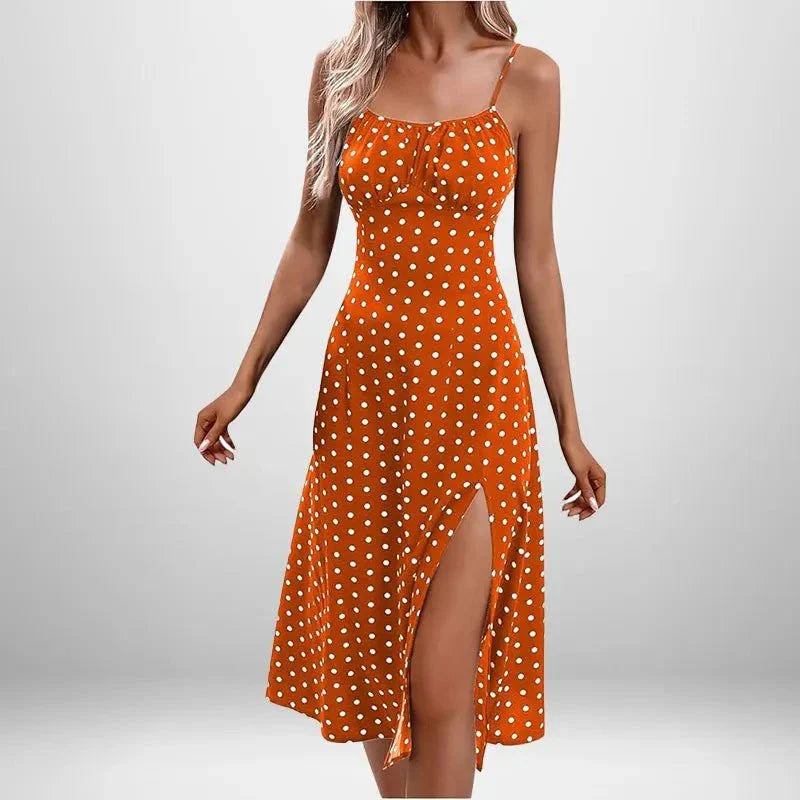 Summer INS Women's sexy orange polka dot lace dress with split strap and thigh-high slit