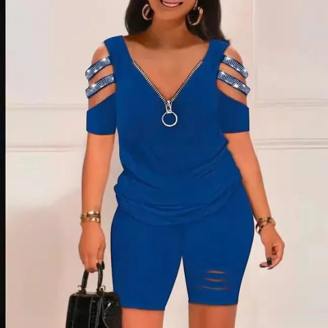 Blue summer casual hollow out 2-piece set with zippered V-neck top and fitted shorts for women