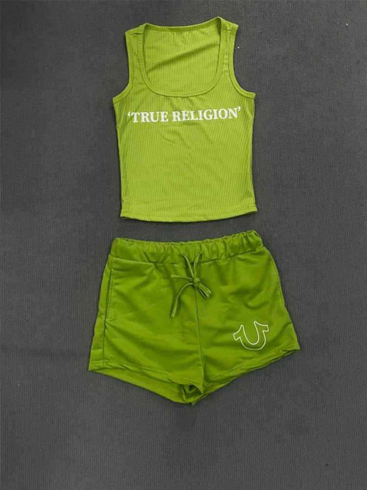 green summer ribbed 2 piece crop top and shorts set with true religion logo on a dark background