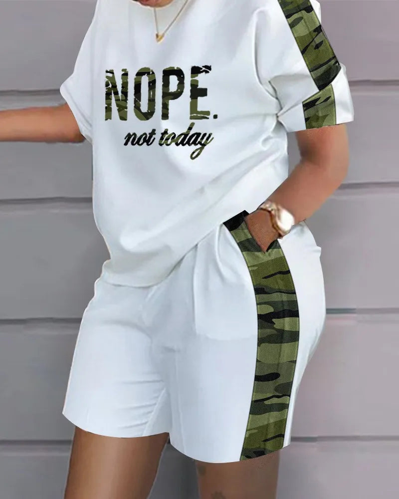 White summer casual 2-piece outfit with camouflage print accents and "NOPE. not today" lettering on top