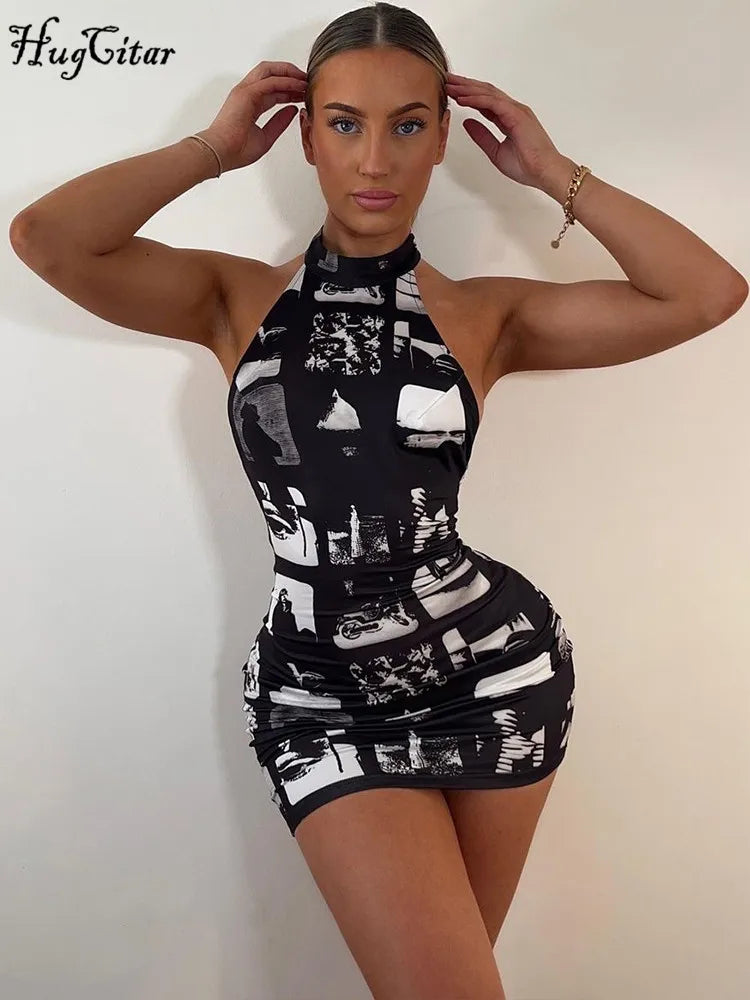 Vintage Print Halter Bodycon Mini Dress