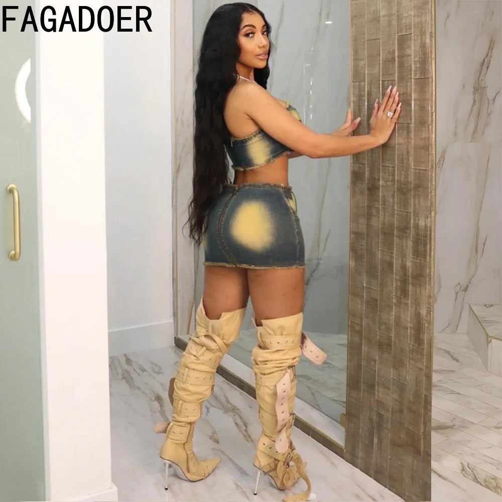 Y2K Denim Two Piece Set - Trendy Mini Skirt