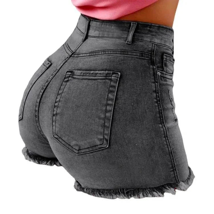 Black vintage distressed denim shorts for women with frayed hems and back pockets