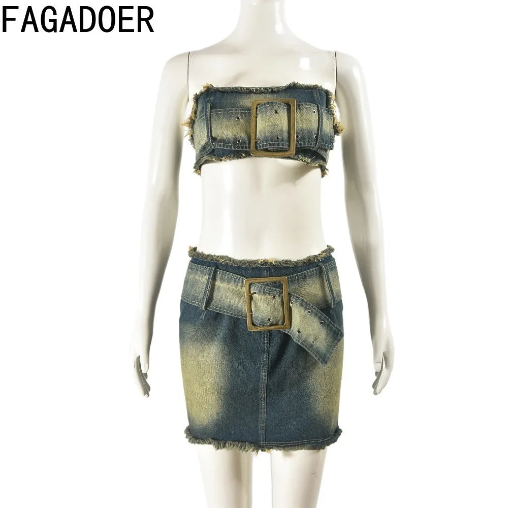 Y2K Denim Two Piece Set - Trendy Mini Skirt