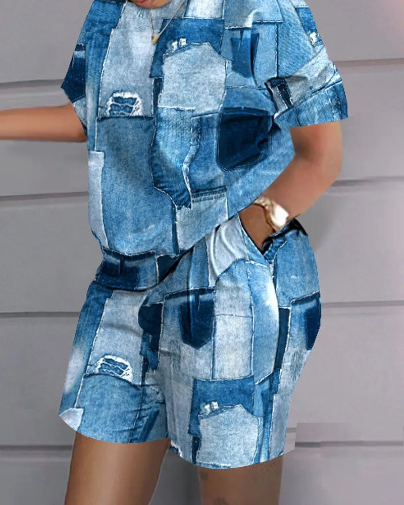 Women’s summer casual 2-piece outfit with denim patchwork print top and shorts with pockets