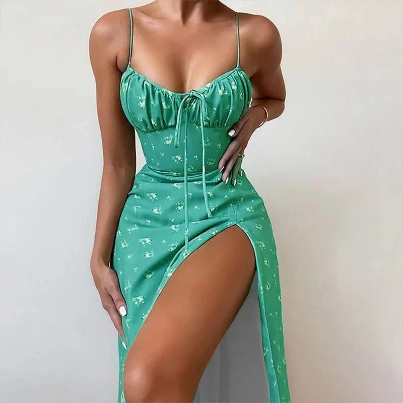 Summer INS Women's sexy green lace dress with spaghetti straps and thigh-high slit