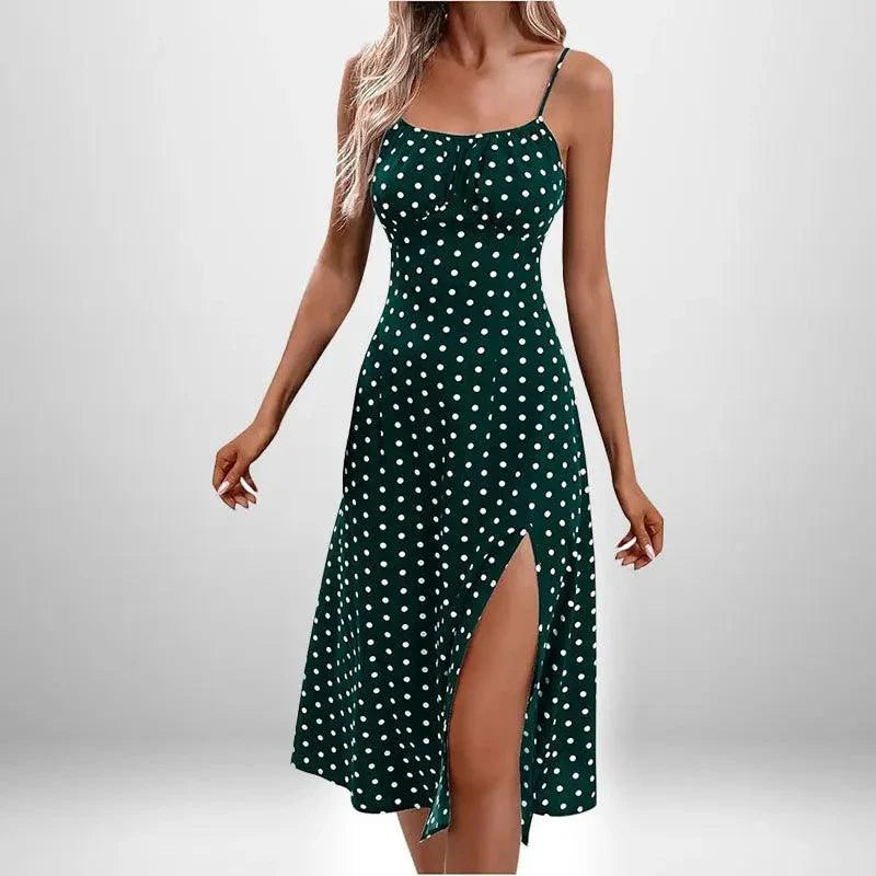 Summer INS Women's sexy green polka dot lace dress with split strap and thigh slit