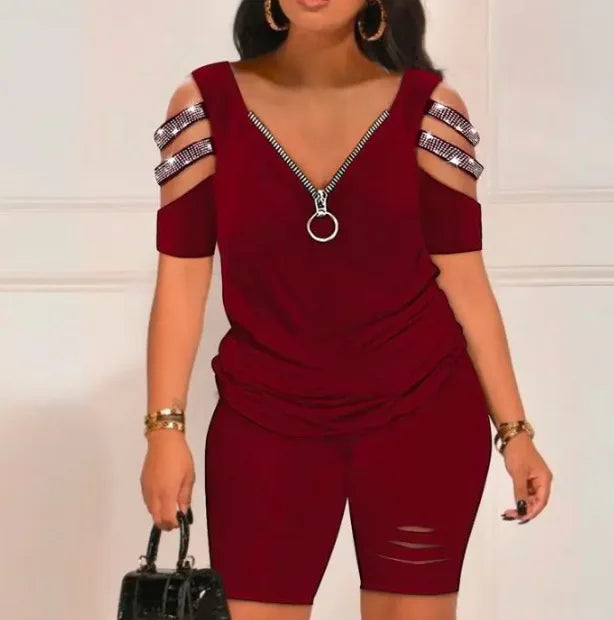 Women’s summer casual hollow out 2-piece set in burgundy with zip detail and cut-out shoulder straps