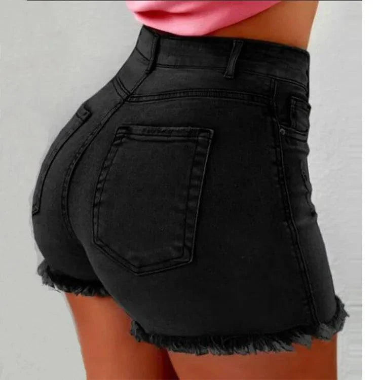 Black vintage distressed denim shorts for women with frayed hem and high waist.