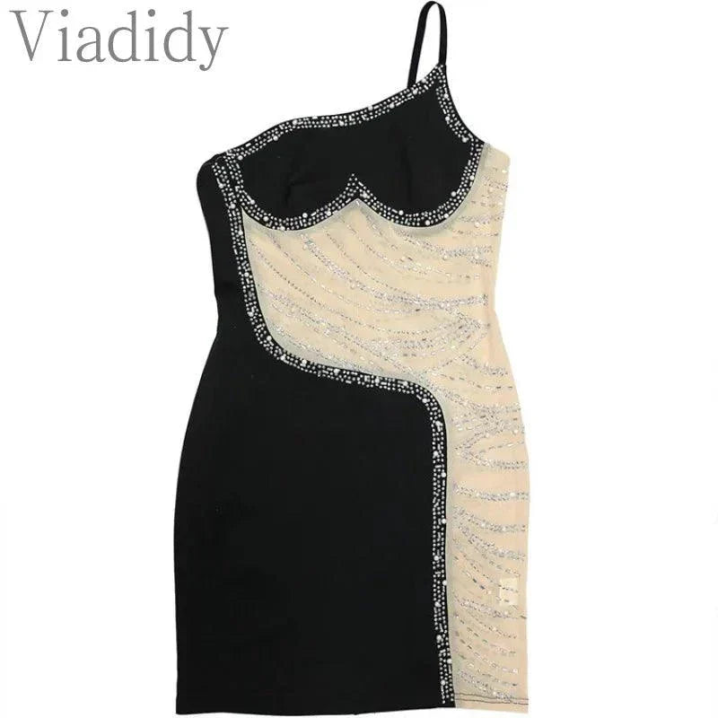 Black and beige rhinestone mesh one shoulder club dress with slim fit and zipper detail