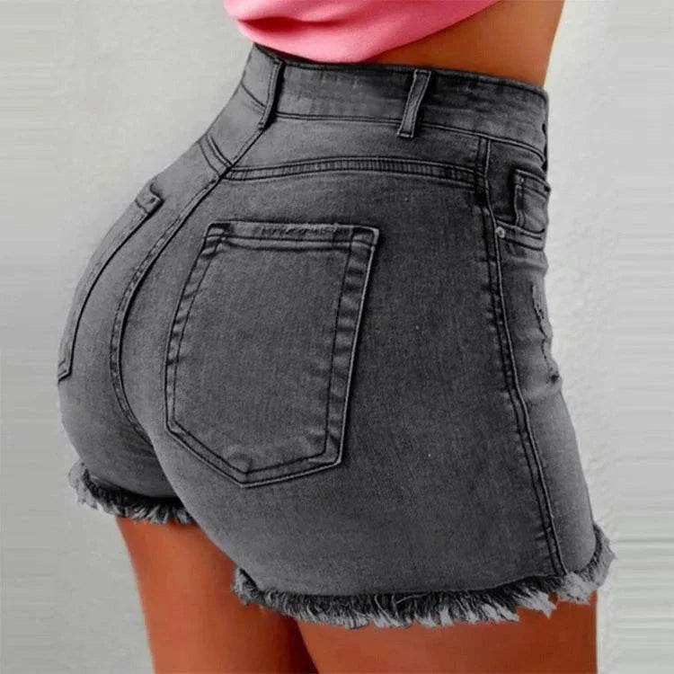 High-waist vintage distressed denim shorts for women with frayed hems in dark gray